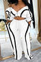 casual plus size slight stretch 6-colors contrast color striped pants set_Black_White