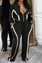 casual plus size slight stretch 6-colors contrast color striped pants set_Black