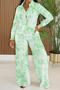 casual plus size non-stretch graphic printing long sleeve blouse & pants set_Black_Green