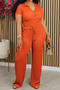 casual plus size slight stretch 3 colors lapel solid color pants sets_Red_Orange