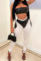sexy plus size slight stretch tube top pu patchwork leggings set_White