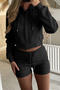casual non-stretch hooded drawstring zip-up shorts sets_Black