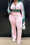 stylish plus size slight stretch 5 colors zip-up top & pants set_Black_White_Pink