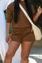 casual plus size slight stretch solid color round neck sweatshirt shorts set_Black_Gray_Khaki _Brown