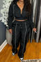 casual plus size non-stretch contrast color line top drawstring pants set_Black