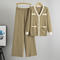 casual slight stretch contrast color cardigan sweater knitted wide-leg pants set_Gray_Khaki 