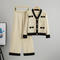 casual slight stretch contrast color multiple pockets cardigan pants set_Black_Beige