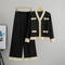 casual slight stretch contrast color multiple pockets cardigan pants set_Black