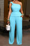 casual plus size slight stretch one-shoulder slim vest pants set with belt_Magenta_Orange_Sky Blue