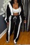 casual plus size non-stretch contrast color striped zip-up outerwear pants set_Black