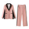 casual non-stretch contrast color suit collar pants sets_Black_White_Pink