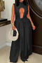sexy plus size non-stretch solid color sleeveless slit top high waist pants set_Black