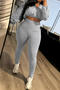 casual plus size slight stretch solid color drawstring crop top leggings set_Black_Gray
