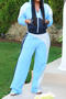 casual plus size slight stretch contrast color hooded top straight pants set_Blue