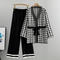 casual stretch knitted houndstooth mid-length cardigan pants set with belt_Black