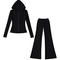 casual slight stretch hooded zip-up solid color pants sets(size run small)_Black