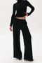 casual slight stretch pure colour high-neck slim top & straight pants set_Black