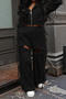 stylish plus size slight stretch hole hooded crop top tassel pants set_Black