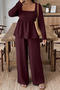 casual plus size non-stretch solid color square neck top and wide leg pants set_Black_Rose Red