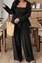 casual plus size non-stretch solid color square neck top and wide leg pants set_Black