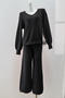 casual slight stretch v-neck solid color pants sets_Black