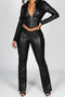 casual plus size slight stretch solid color pu slim fit crop outerwear pants set_Black
