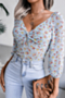 early autumn floral batch printing v-neck new stylish three-quarter sleeve chiffon top_White_Blue