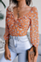 early autumn floral batch printing v-neck new stylish three-quarter sleeve chiffon top_White_Blue_Orange