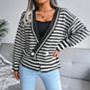 autumn new stylish stretch double breasted striped long-sleeved loose knitted sweater_Black