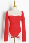 autumn solid color ribbed knit stretch square-neck low-cut stylish exquisite high quality top_Black_White_Purple_Red