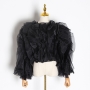 autumn solid color mesh inelastic ruffle lace-up exquisite high quality top_Black