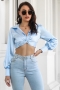 autumn new stylish simple solid color inelastic zip-up lantern sleeve sexy top_Sky Blue