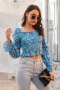 autumn new stylish batch printing pleated stretch trumpet sleeve casual blouse_Blue