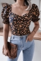 spring new stylish batch printing puff sleeve casual stretch casual blouse_Black