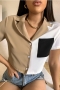 summer new stylish micro elastic contrast color spliced single-breasted pockets casual top_Black_Khaki 