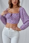 spring new stylish 3 colors inelastic floral batch printing square neckline hollow lace-up sexy crop top_Purple