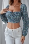 spring new stylish 3 colors inelastic floral batch printing square neckline hollow lace-up sexy crop top_Purple_Blue