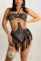 s-2xl summer new plus size sequin decor mesh stretch halter-neck tassel metallic-ring connected hollow sexy playsuit_Black