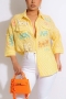 s-2xl summer new plus size two colors stripe & letter printing inelastic three-quarter sleeves beaded pockets stylish blouse (only blouse)_Blue_Yellow