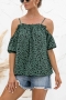 summer new polka dot batch printing stretch off shoulder frill trim strappy blouse_Black_White_Brown_Green