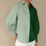 spring 4 colors contrast color patchwork inelastic single-breasted casual stylish all-match blouse(65%polyester+35%cotton)_White_Brown_Pink_Green
