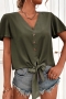 s-2xl plus size summer new 3 colors chiffon solid color micro-elastic v neck single breasted lace up stylish casual top_Black_Dark Green