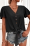 s-2xl plus size summer new 3 colors chiffon solid color micro-elastic v neck single breasted lace up stylish casual top_Black