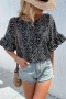 summer new two colors leopard batch printing inelastic ruffle button loose stylish top_Black