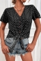 s-2xl plus size summer new 3 colors chiffon polka dot batch printing micro-elastic v neck single breasted lace up stylish casual blouse_Black