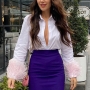 autumn new stylish two colors detachable feather solid color lapel button long sleeve casual blouses_Pink