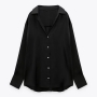 xs-l autumn new stylish seven colors lapel solid color v-neck button inelastic satin casual blouses_Black