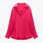 xs-l autumn new stylish seven colors lapel solid color v-neck button inelastic satin casual blouses_Black_White_Light Green_Red_Blue_Magenta
