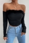 spring & summer new 2 colors plush decor solid color stretch off-the-shoulder shirring stylish sexy tops_Black