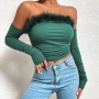 spring & summer new 2 colors plush decor solid color stretch off-the-shoulder shirring stylish sexy tops_Black_Green